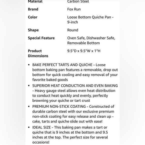 Fox Run Removable Bottom Non-Stick Tart & Quiche Pan. Baking. Kitchen. - Picture 3 of 5